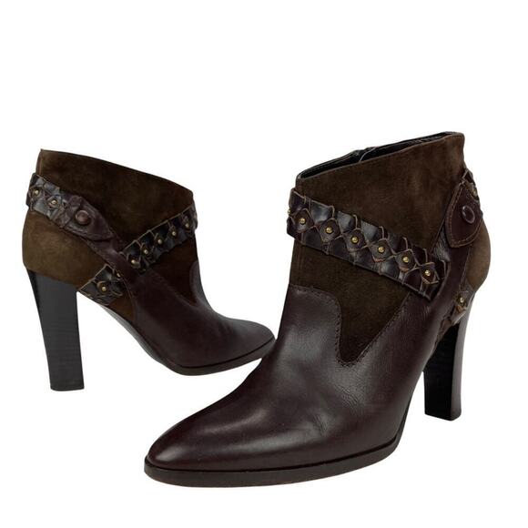 Diane Von Furstenberg Leather Ankle Booties Braided Studded Brown Suede Size 7.5 - Picture 1 of 16